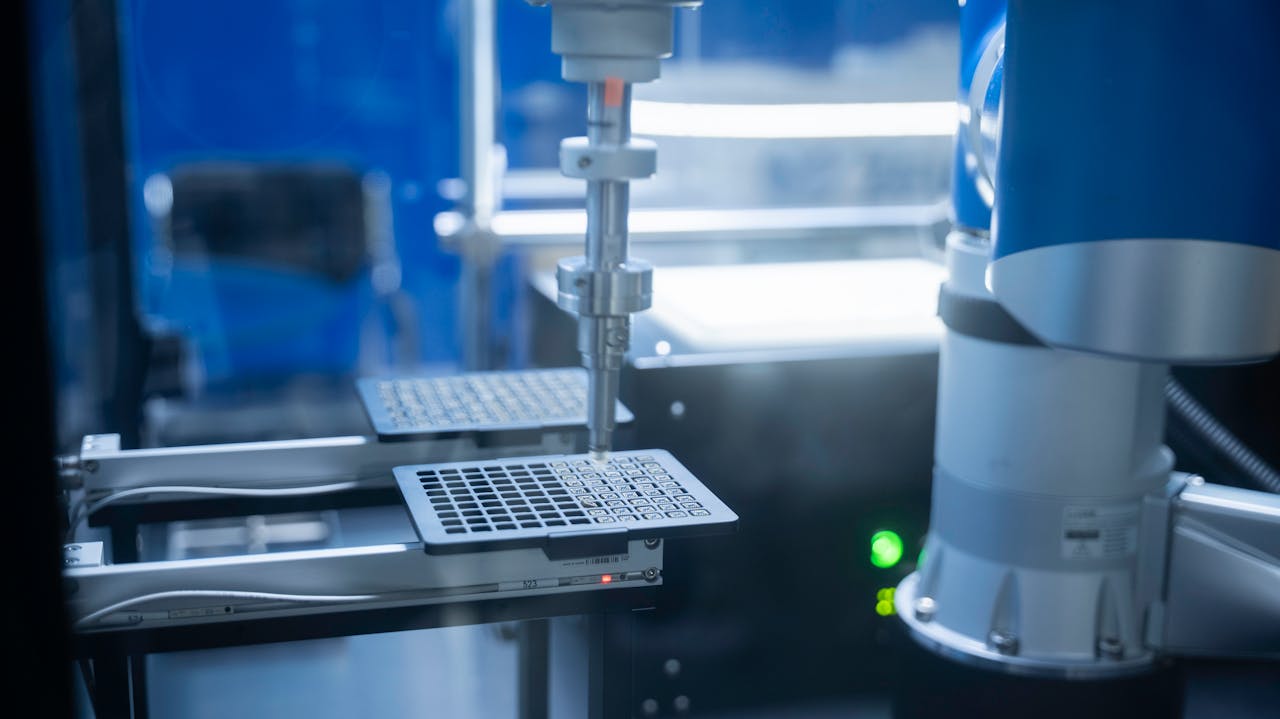 Home Close-up of robotic arm automating lab processes with precision.