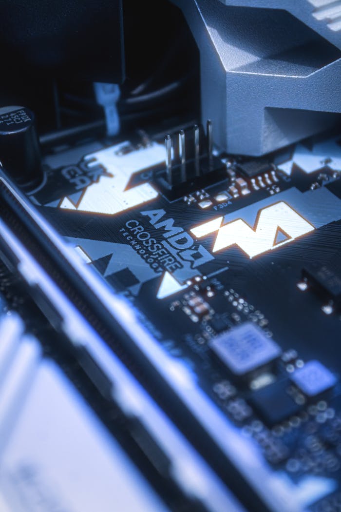 Detailed view of AMD CrossFireX technology on a motherboard, showcasing modern computing hardware.
